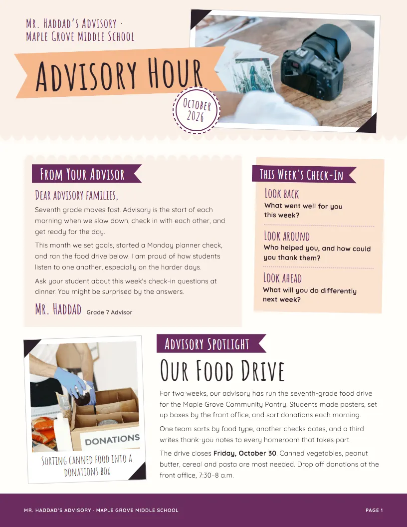 Advisory Hour newsletter template, first page