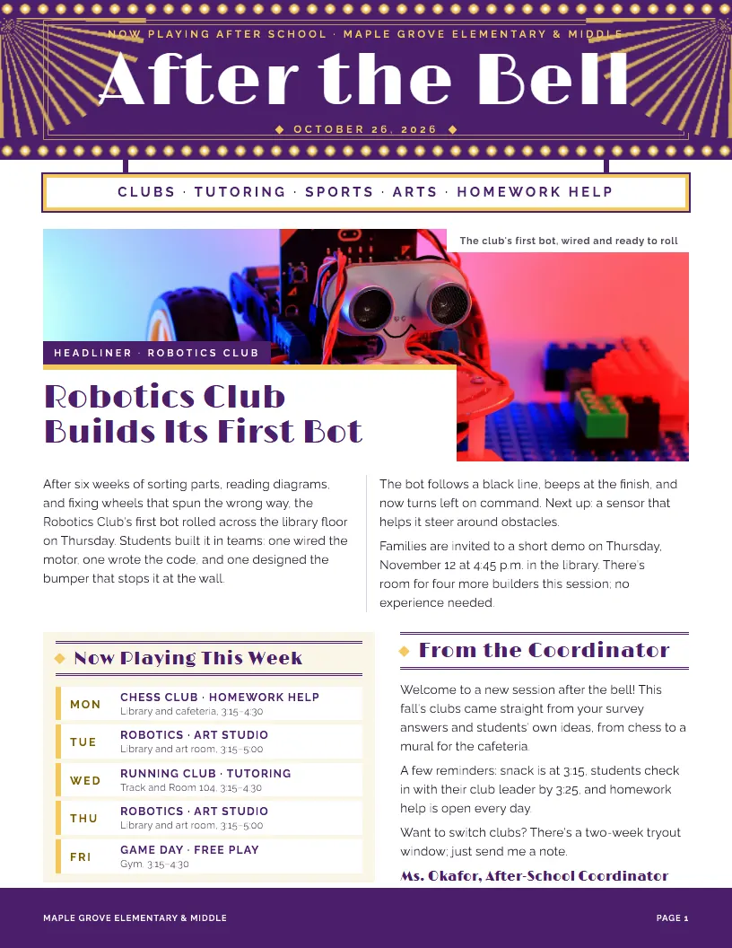 After the Bell newsletter template, first page
