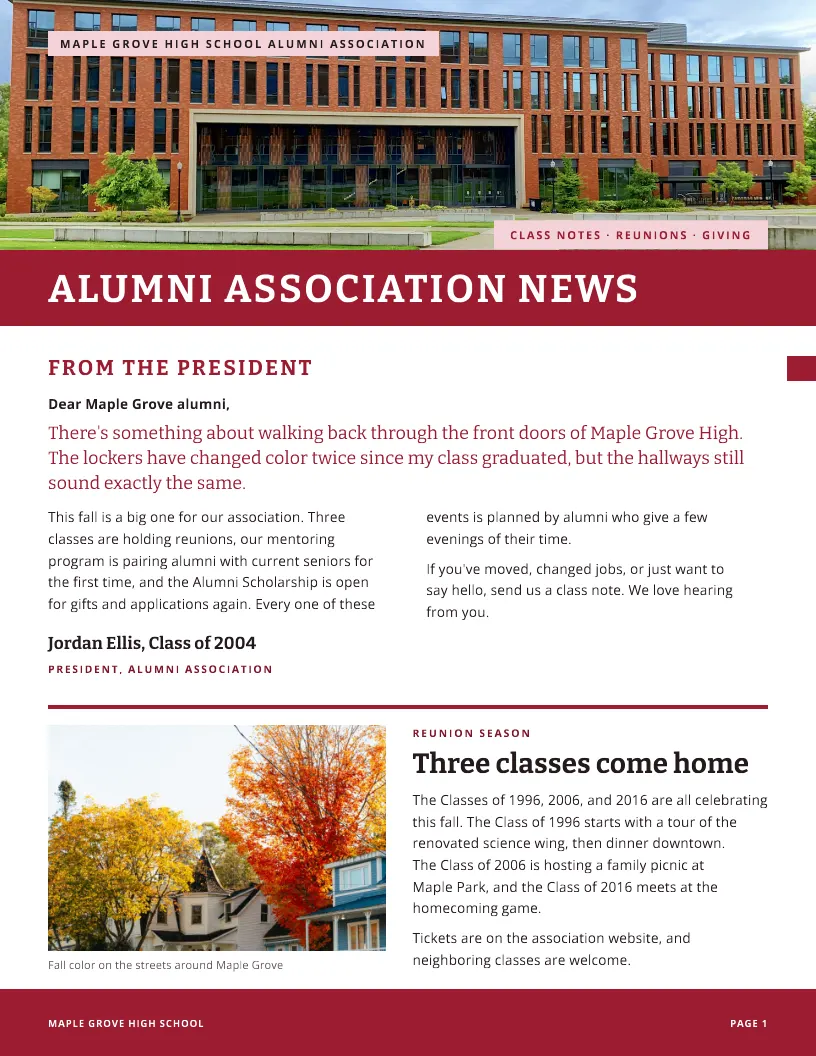 Alumni Association News newsletter template, first page