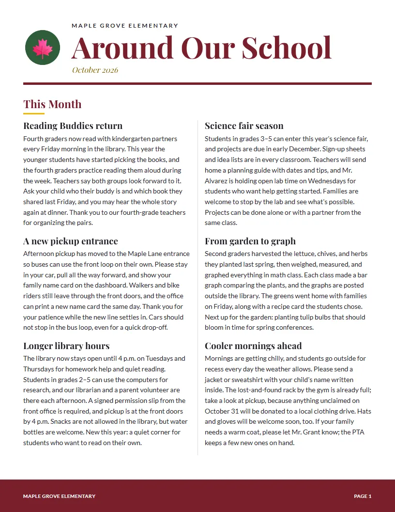 Around Our School newsletter template, first page