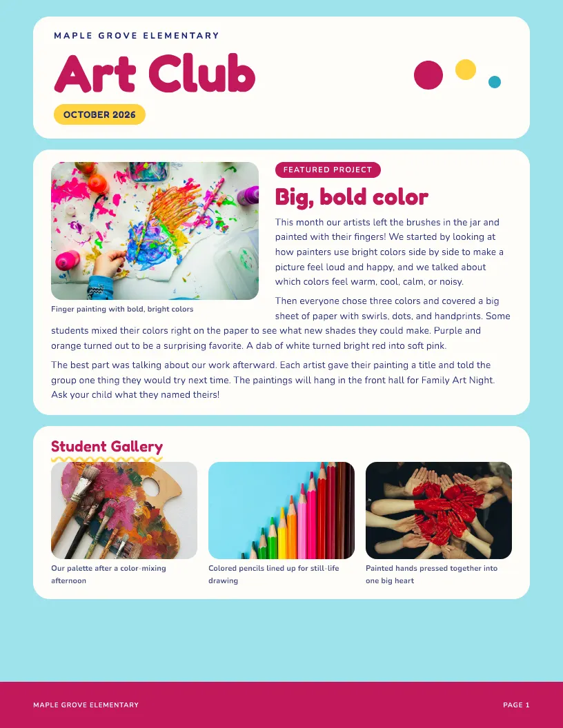 Art Club newsletter template, first page