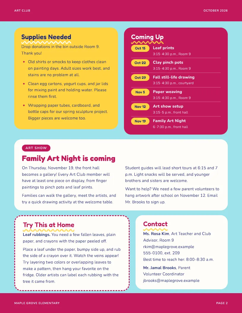 Art Club newsletter template, page 2