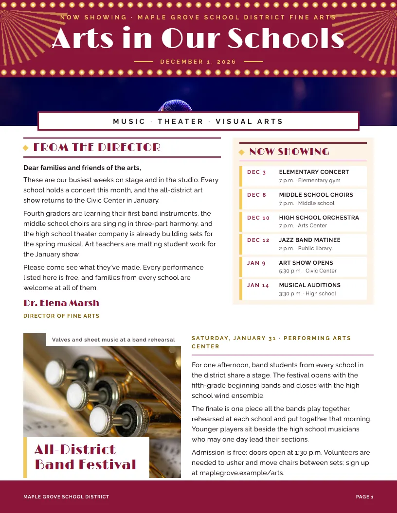 Arts in Our Schools newsletter template, first page