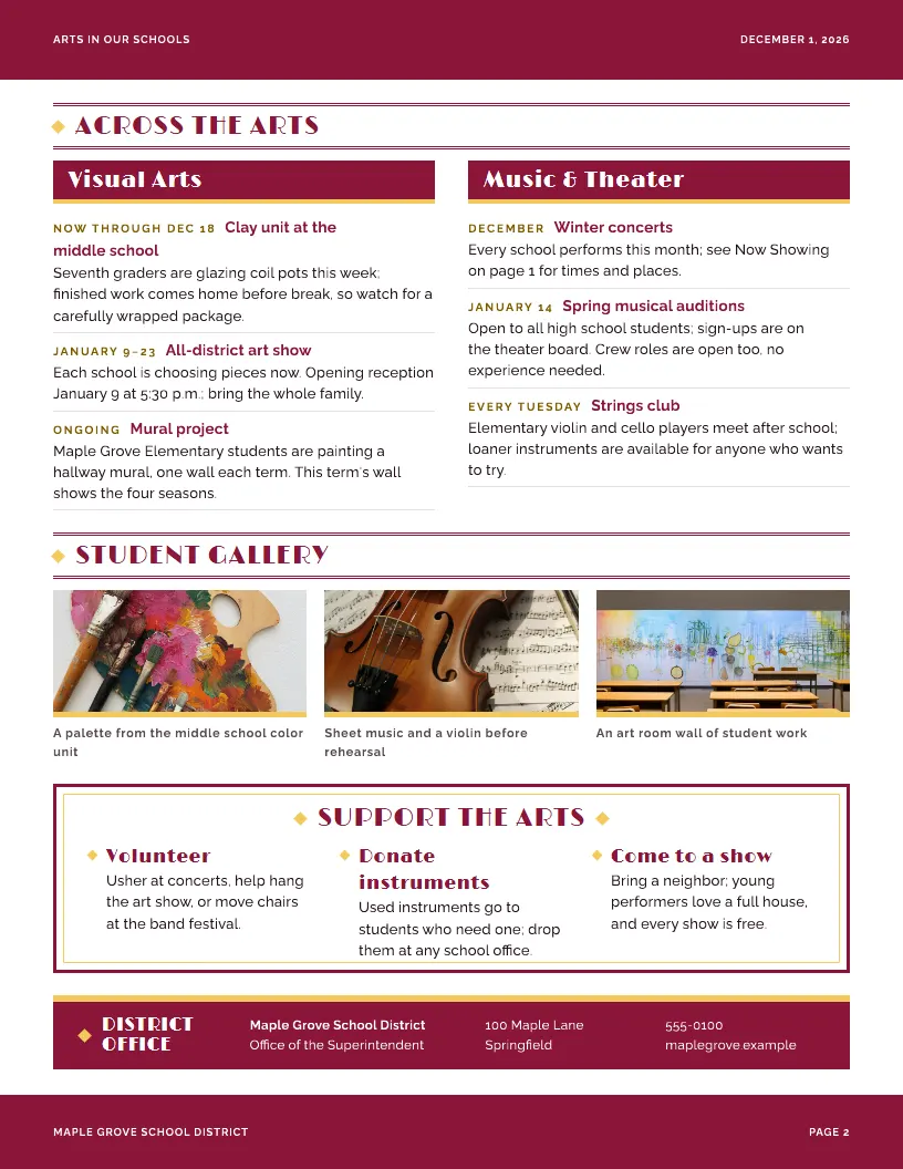 Arts in Our Schools newsletter template, page 2