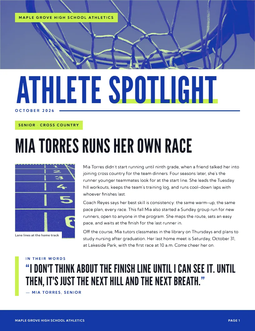 Sample Athlete Spotlight newsletter