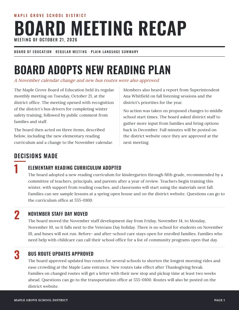 Board Meeting Recap newsletter template, first page