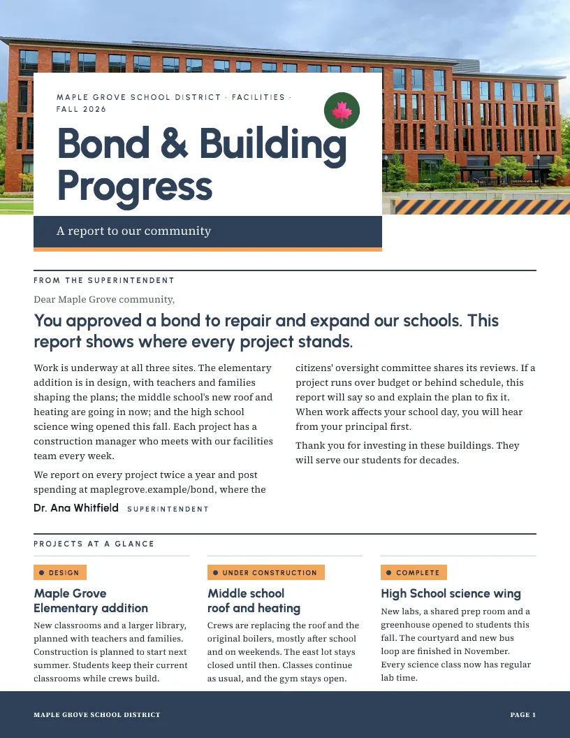 Bond & Building Progress newsletter template, first page