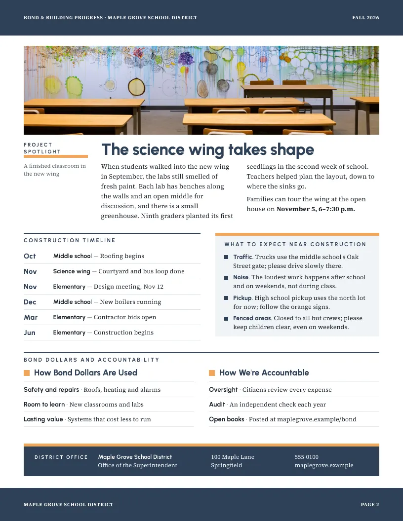 Bond & Building Progress newsletter template, page 2