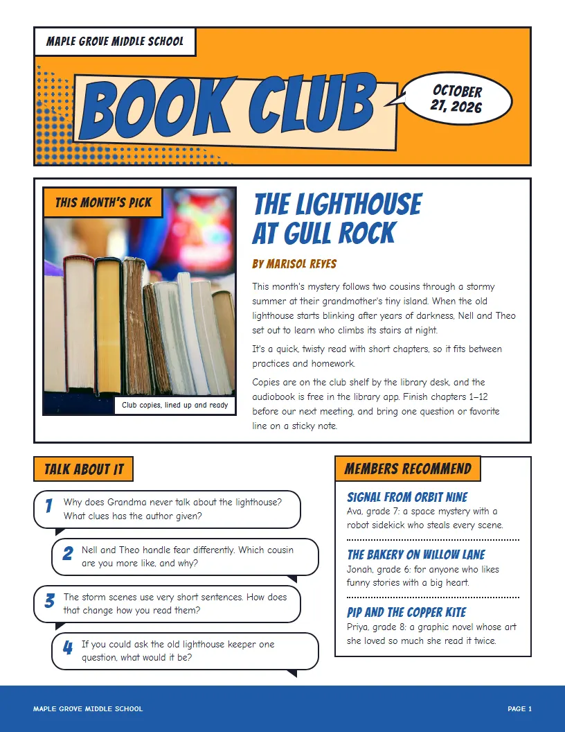 Sample Book Club newsletter