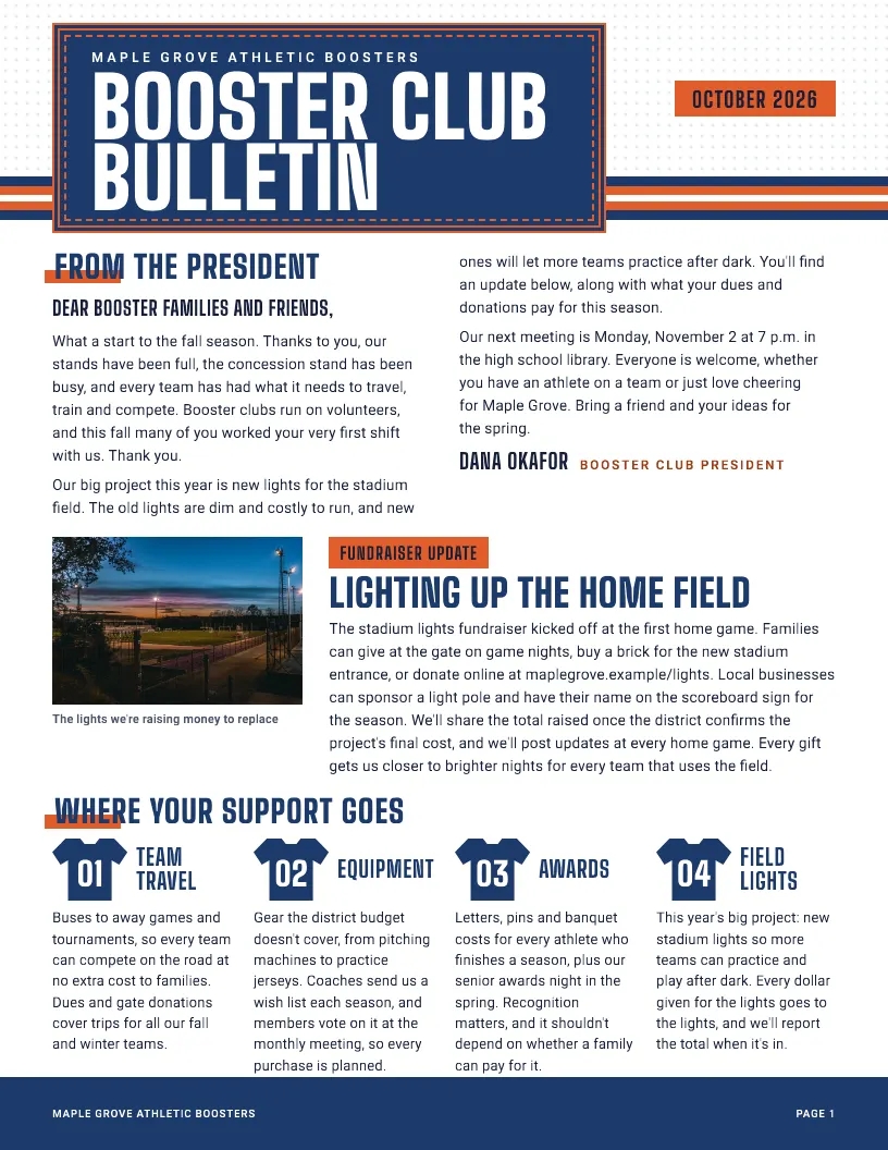 Booster Club Bulletin newsletter template, first page