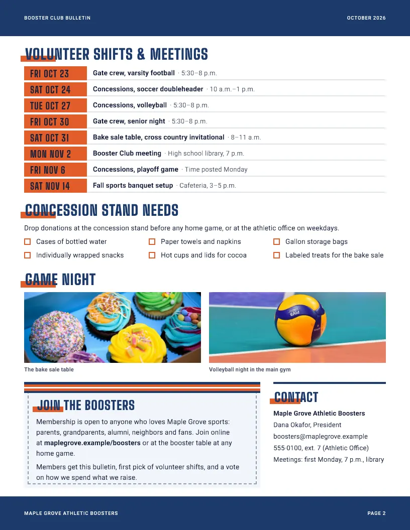 Booster Club Bulletin newsletter template, page 2