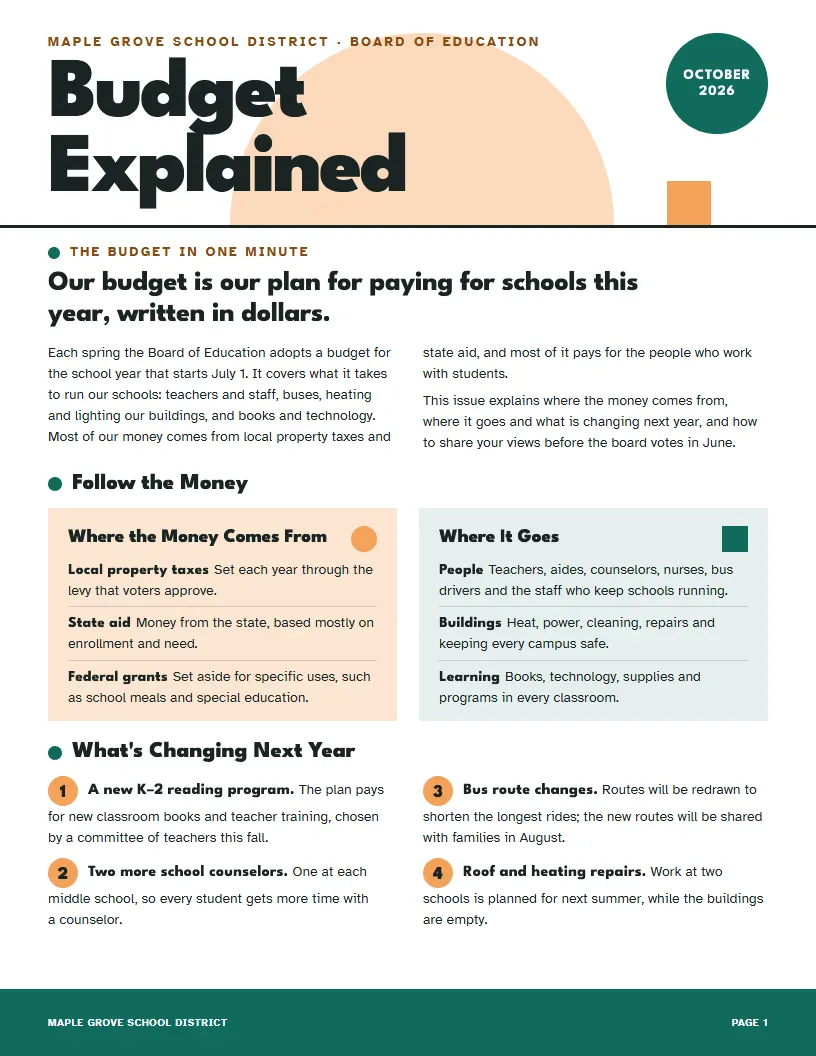 Sample Budget Explained newsletter