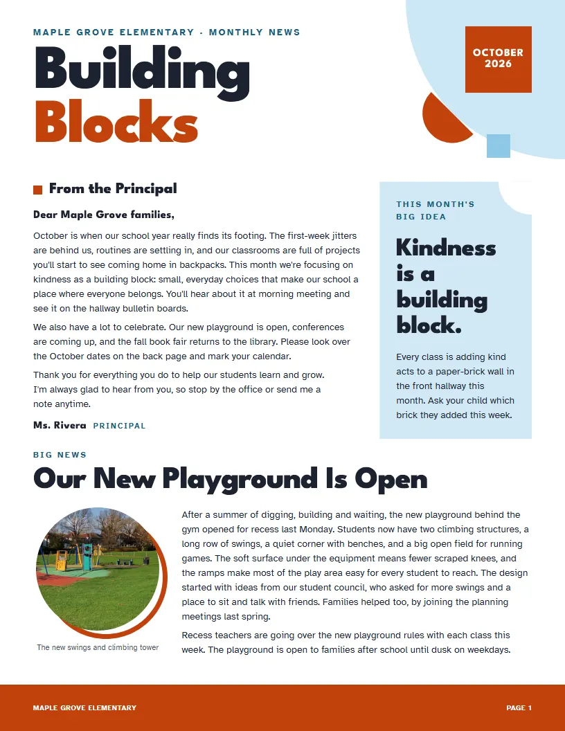 Building Blocks newsletter template, first page
