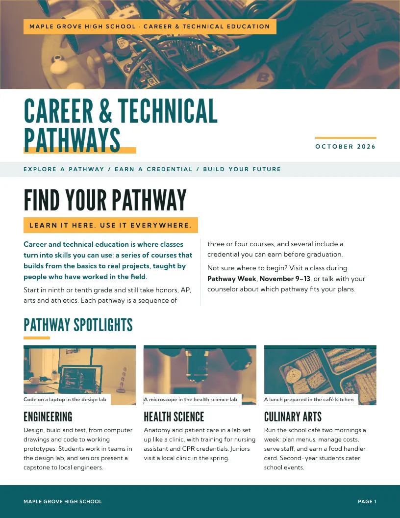 Career & Technical Pathways newsletter template, first page