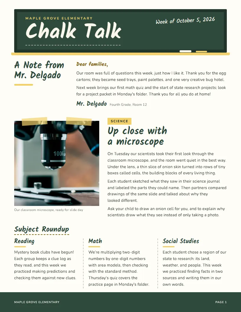 Chalk Talk newsletter template, first page