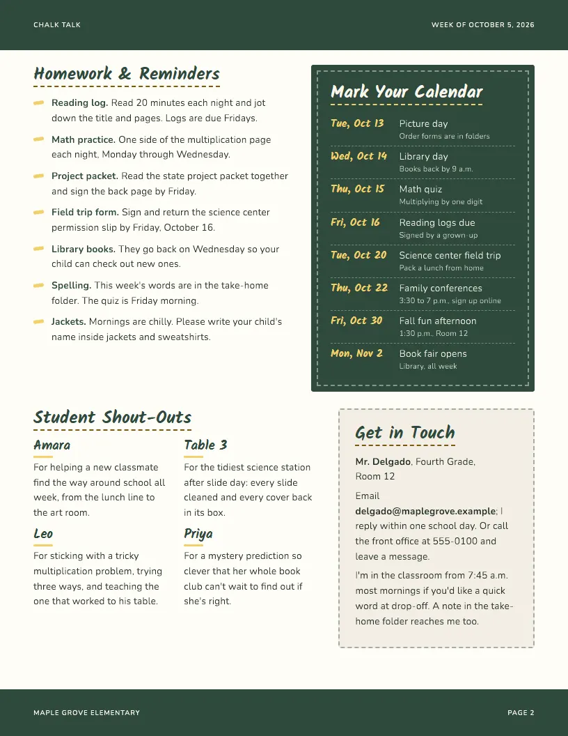 Chalk Talk newsletter template, page 2