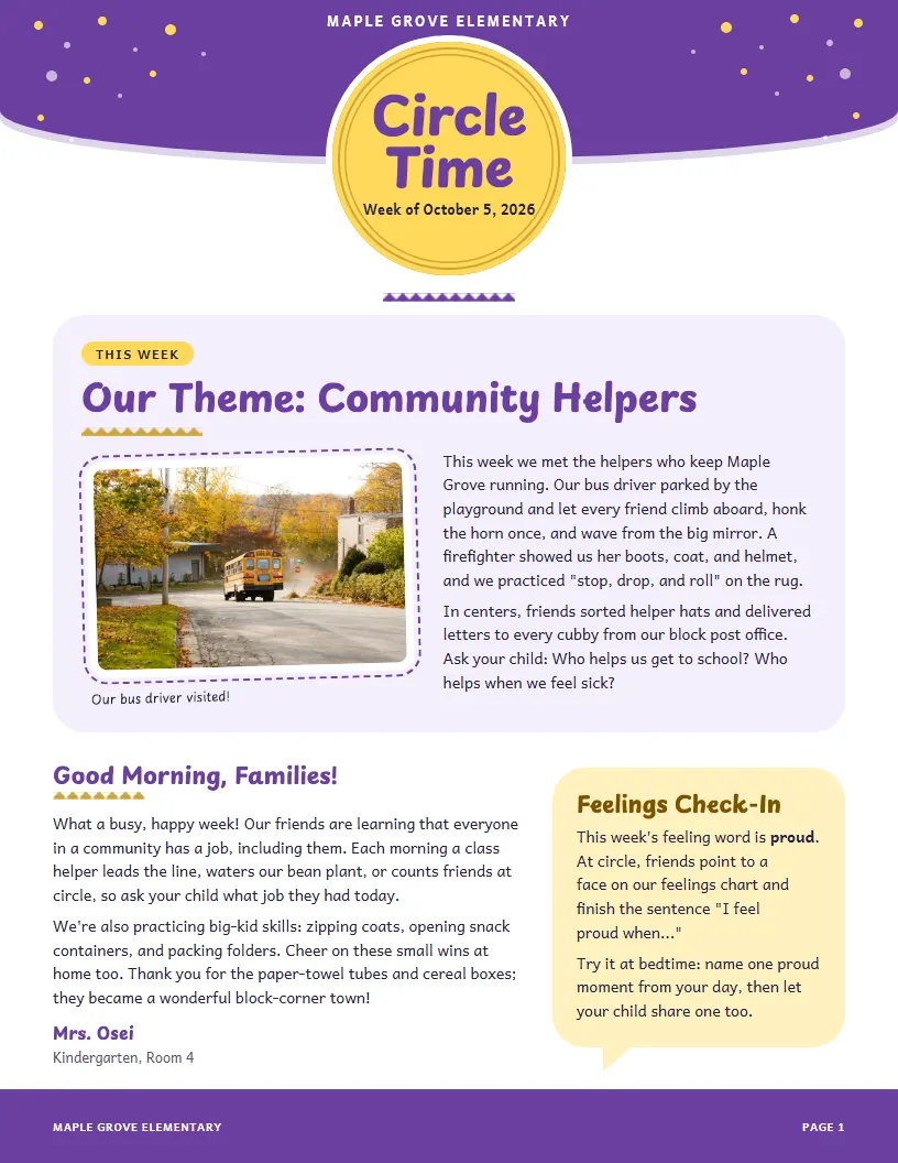 Sample Circle Time newsletter