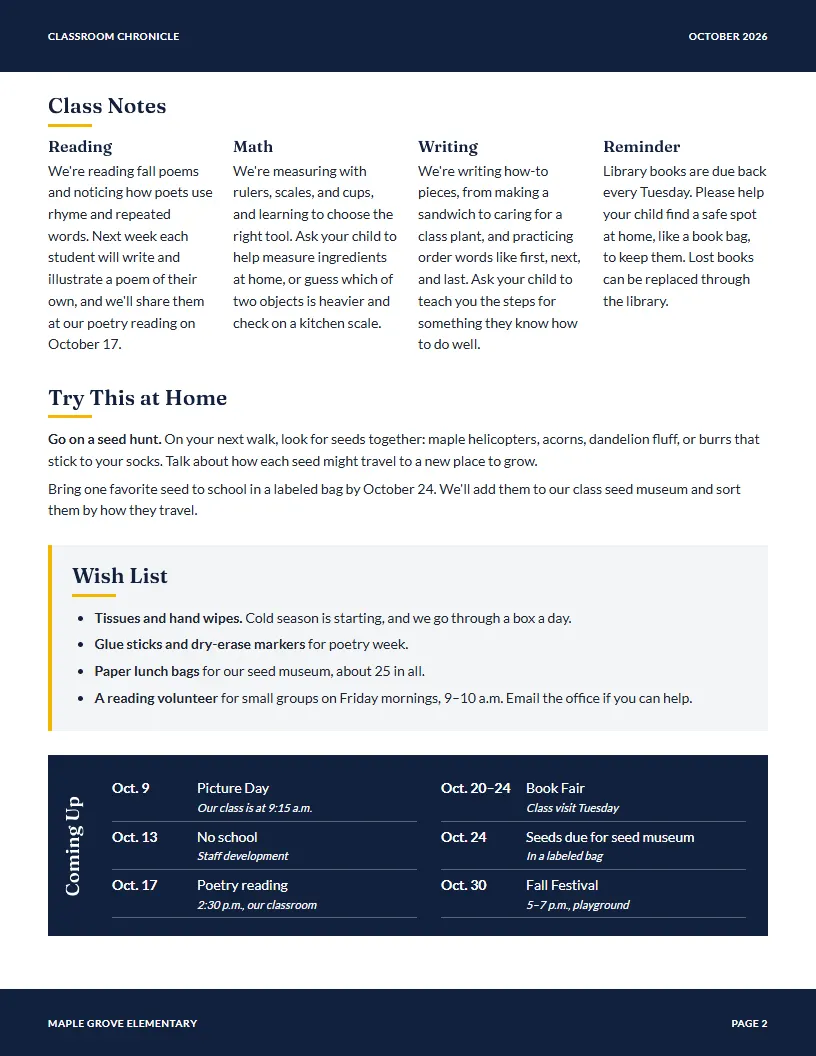 Classroom Chronicle newsletter template, page 2