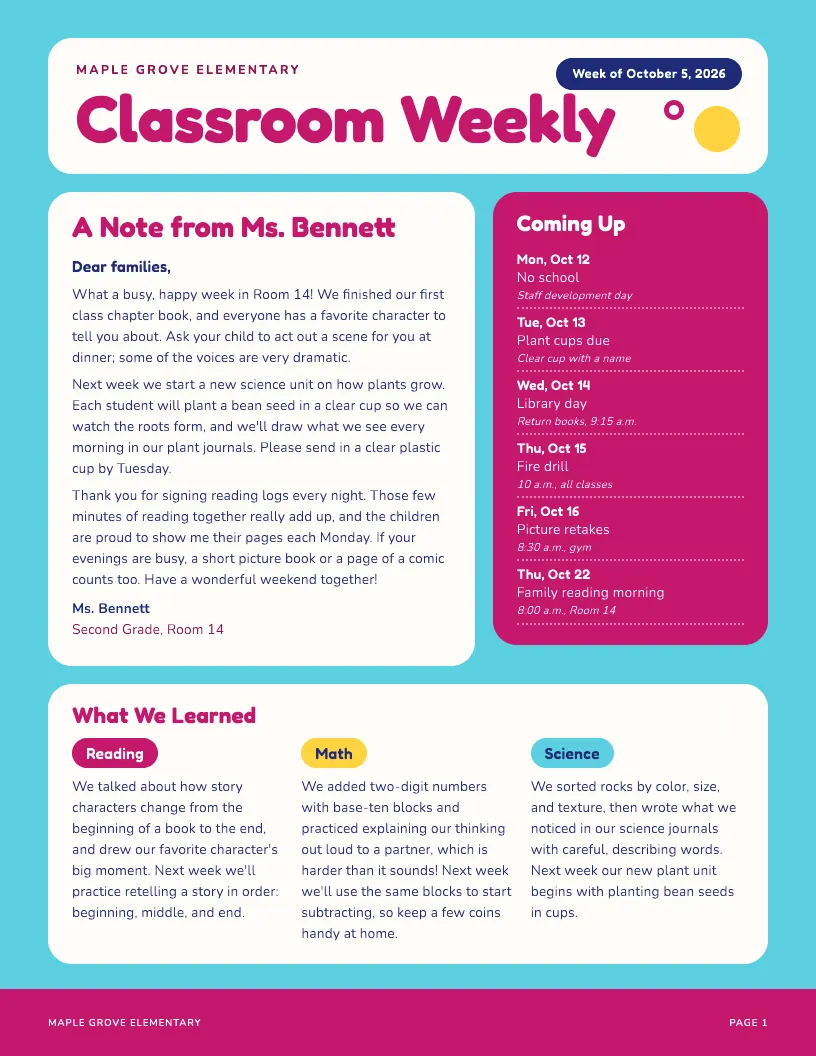 Classroom Weekly newsletter template, first page