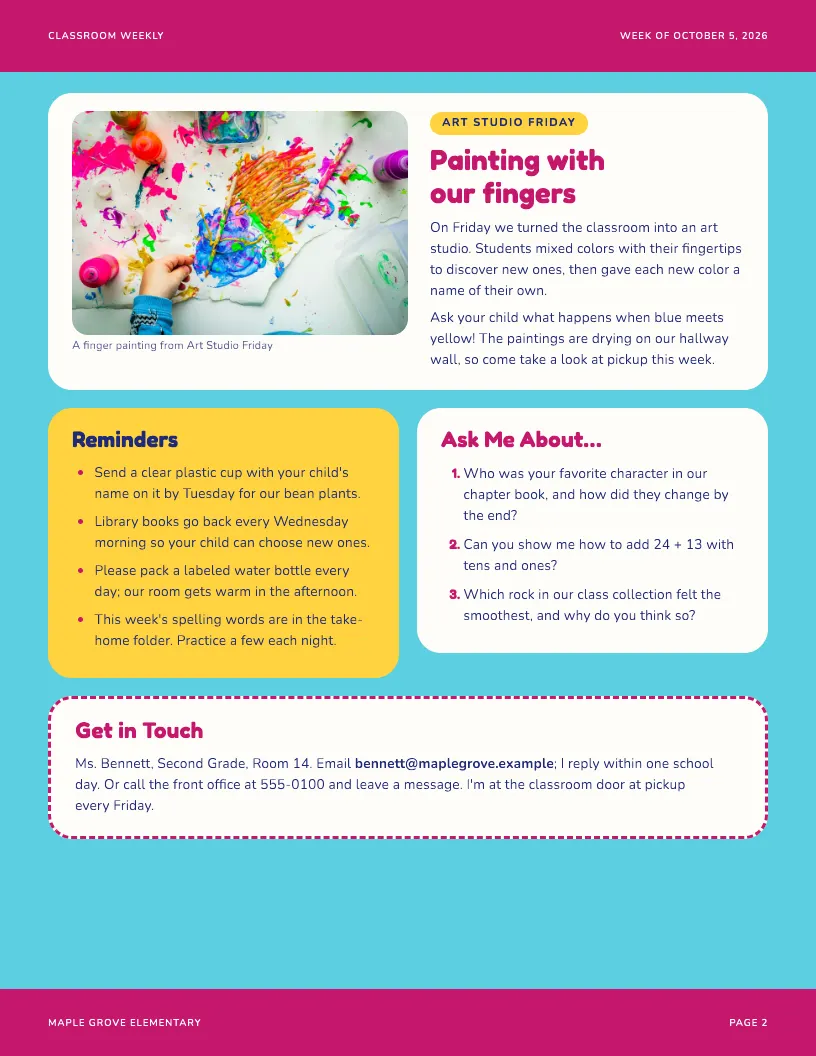 Classroom Weekly newsletter template, page 2