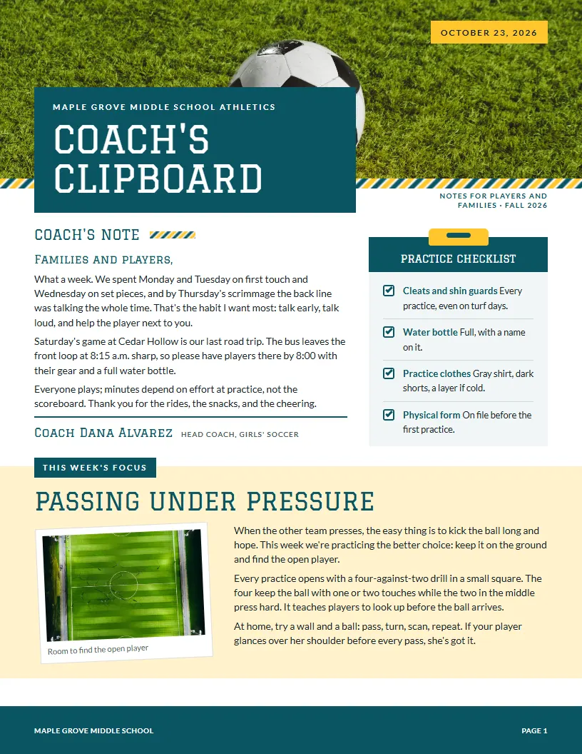 Coach's Clipboard newsletter template, first page