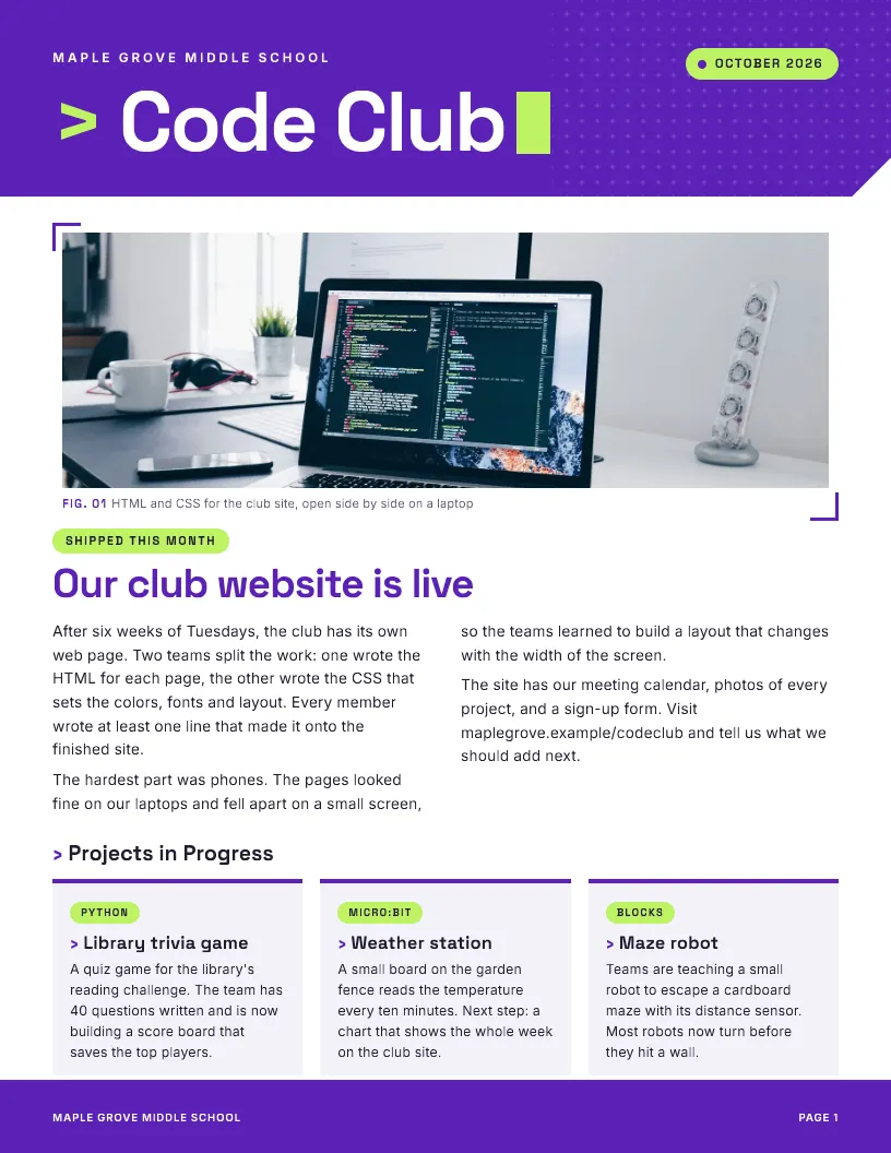 Code Club newsletter template, first page