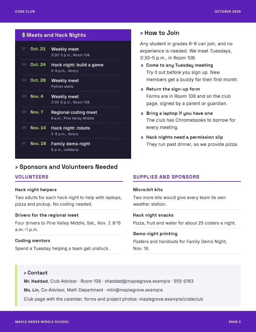 Code Club newsletter template, page 2