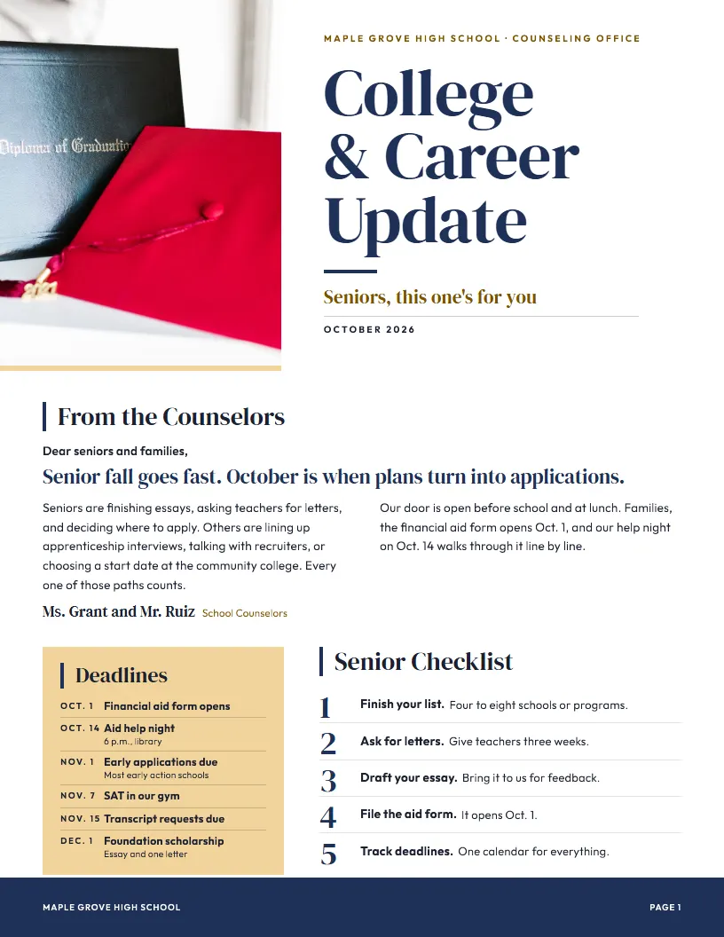 College & Career Update newsletter template, first page