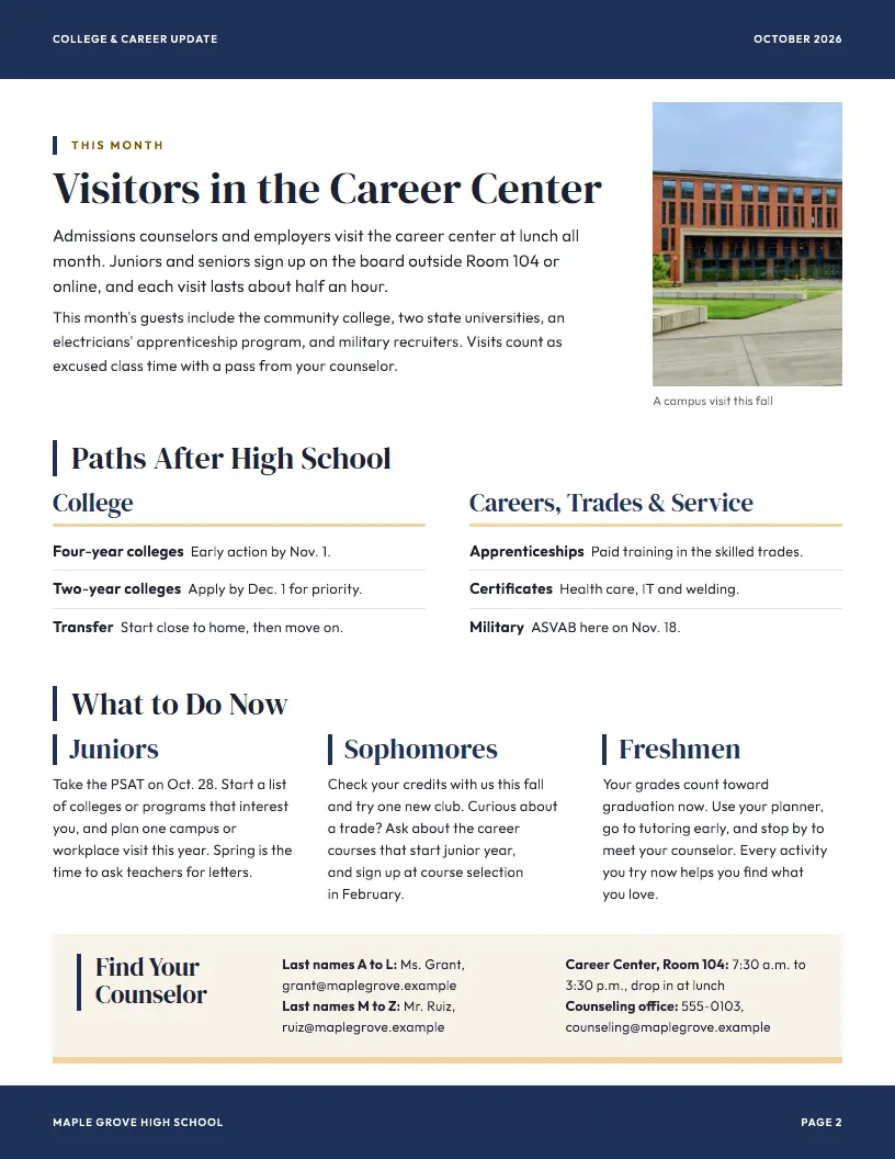 College & Career Update newsletter template, page 2