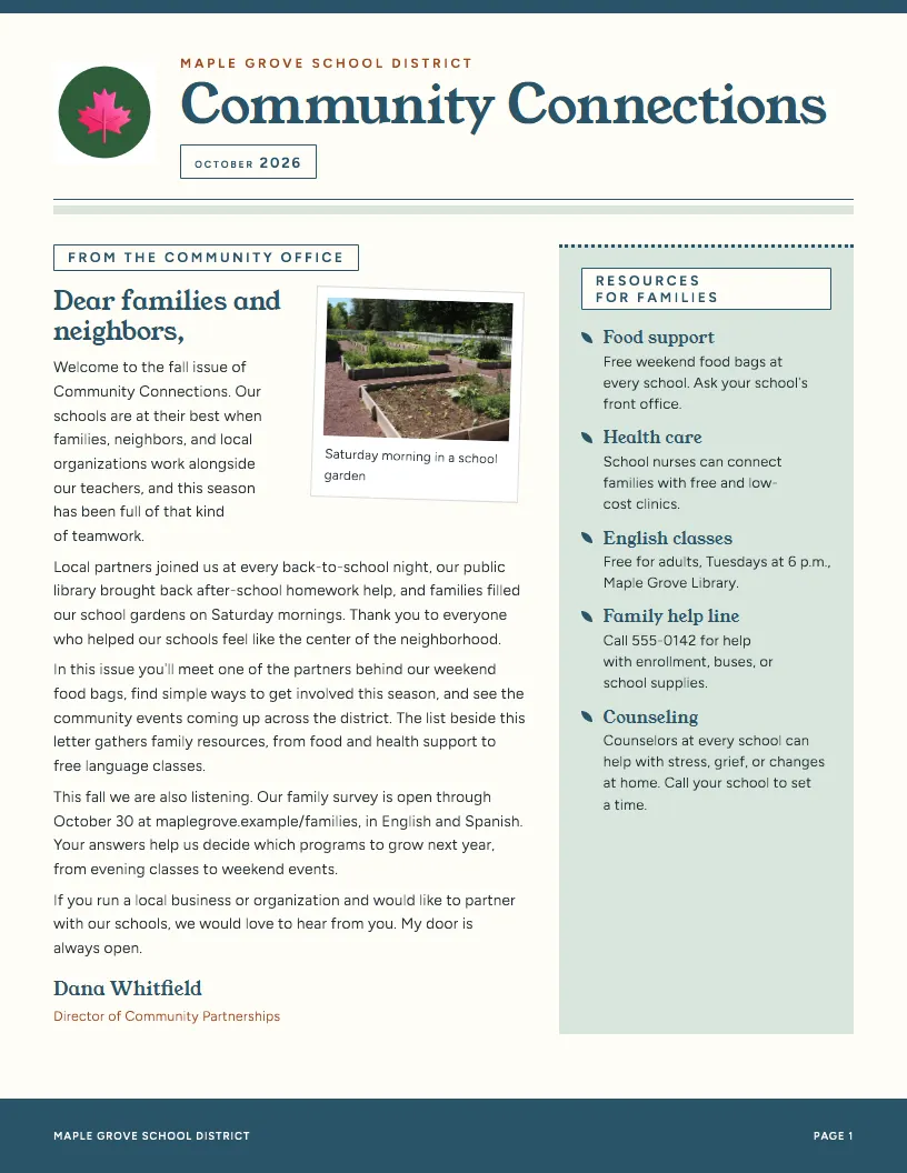 Community Connections newsletter template, first page