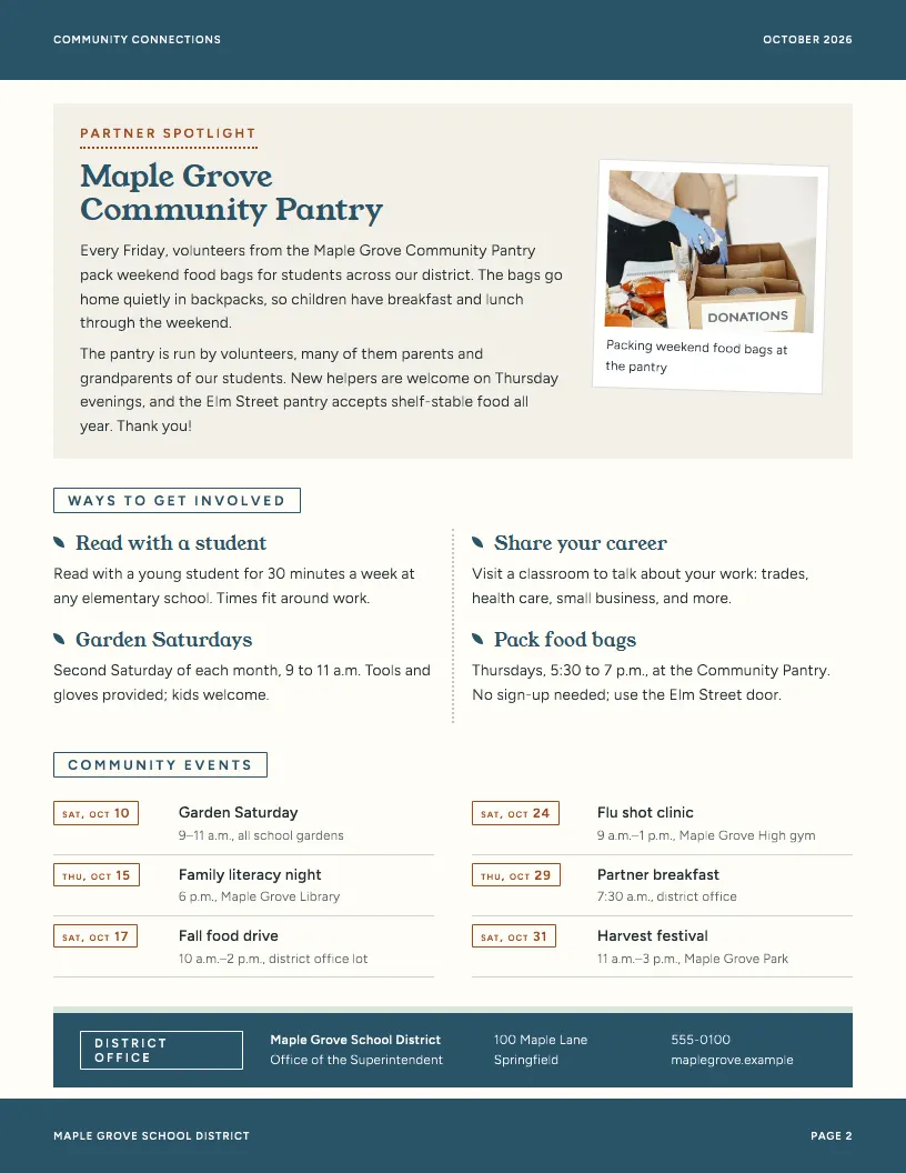 Community Connections newsletter template, page 2