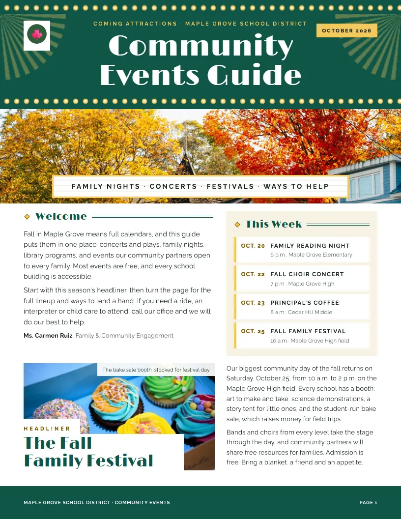 Community Events Guide newsletter template, first page