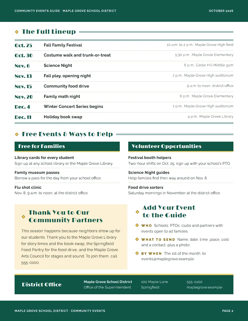 Community Events Guide newsletter template, page 2