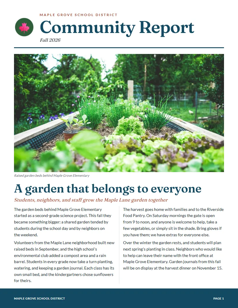 Community Report newsletter template, first page