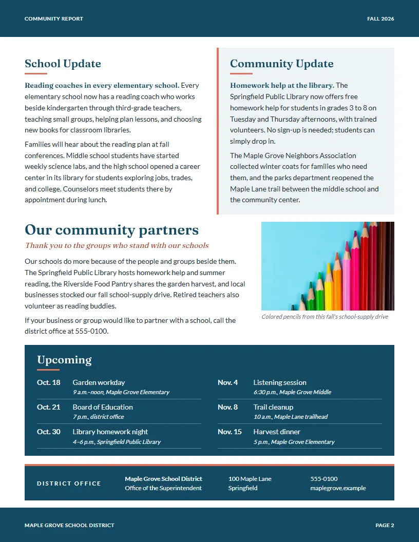 Community Report newsletter template, page 2