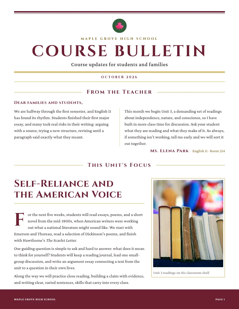 Course Bulletin newsletter template, first page