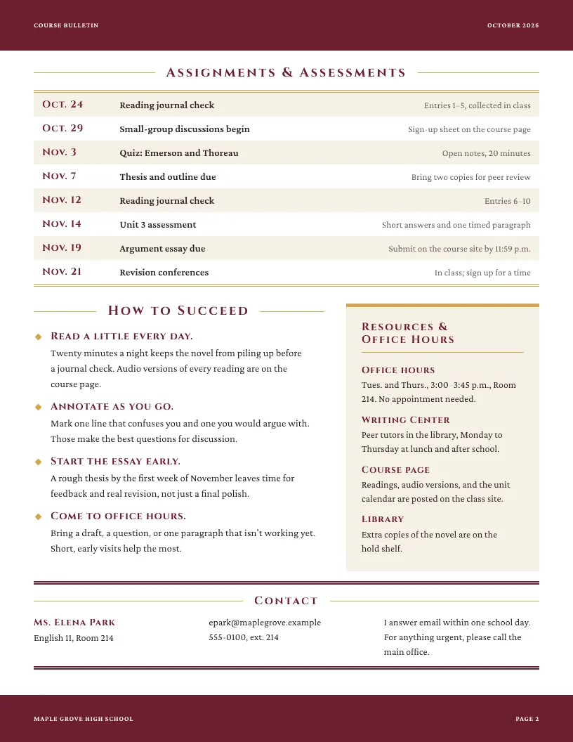 Course Bulletin newsletter template, page 2