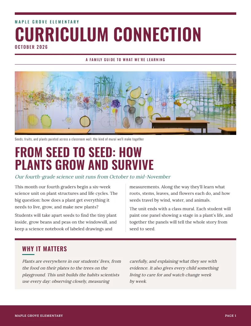Curriculum Connection newsletter template, first page