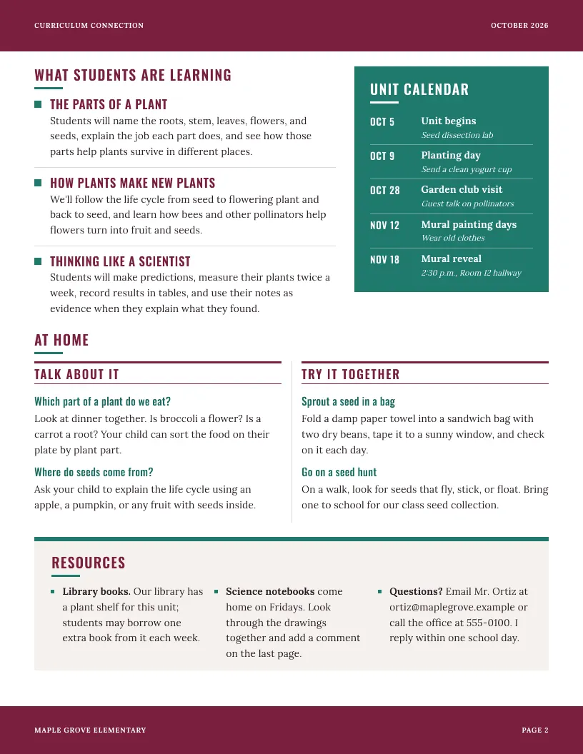 Curriculum Connection newsletter template, page 2