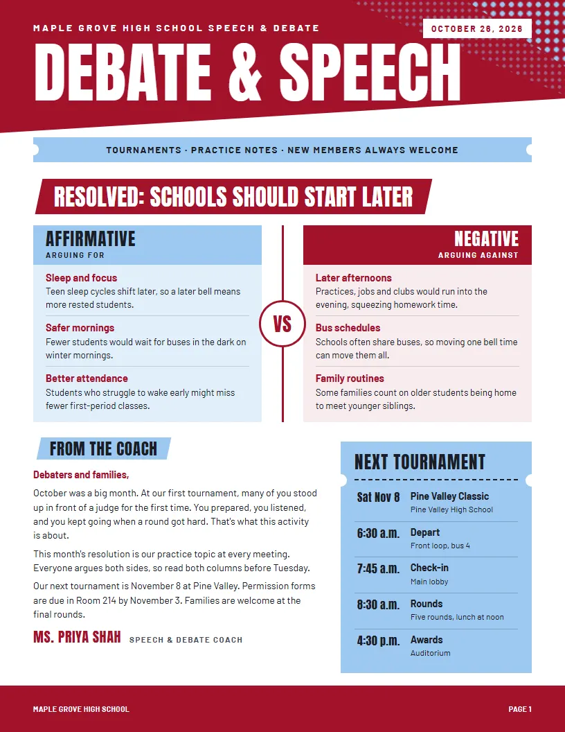 Debate & Speech newsletter template, first page