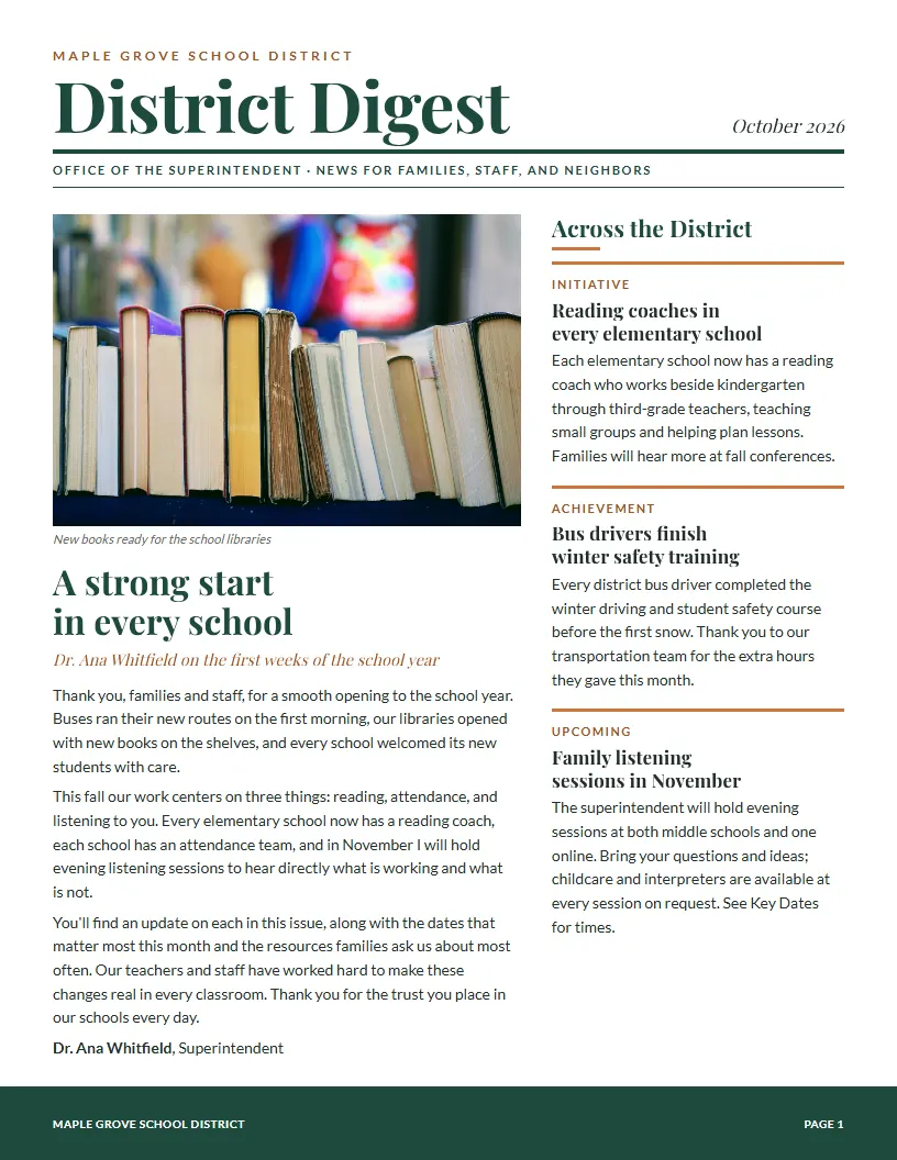 District Digest newsletter template, first page