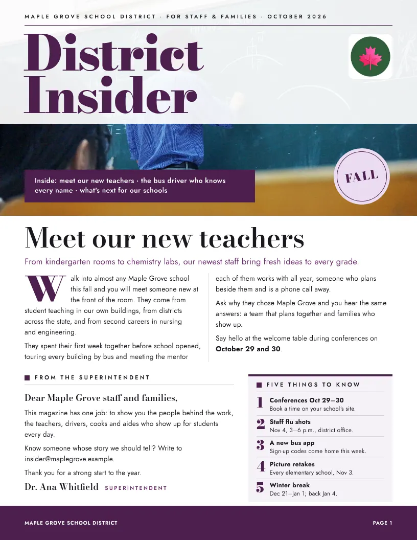 District Insider newsletter template, first page