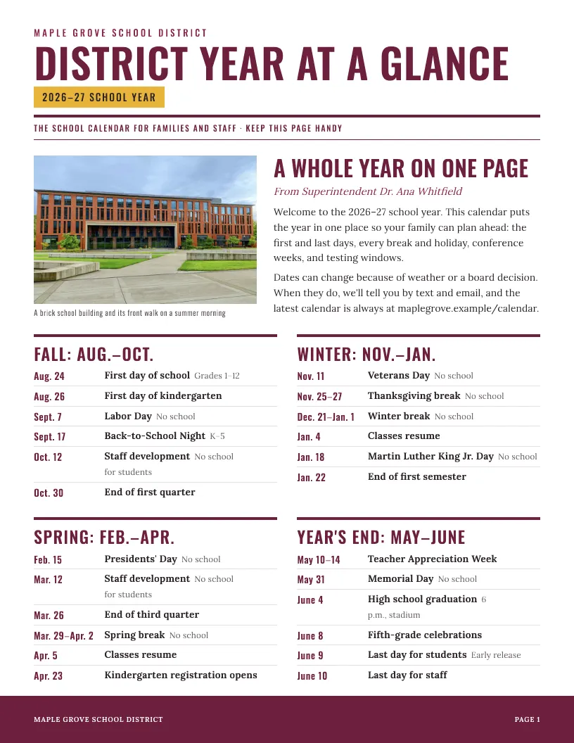 District Year at a Glance newsletter template, first page