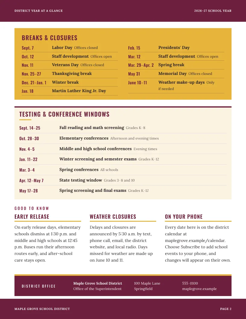 District Year at a Glance newsletter template, page 2