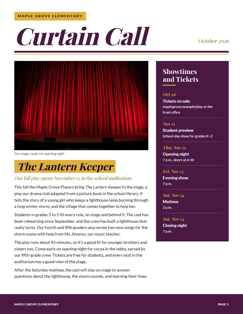 Drama & Theater newsletter template, first page