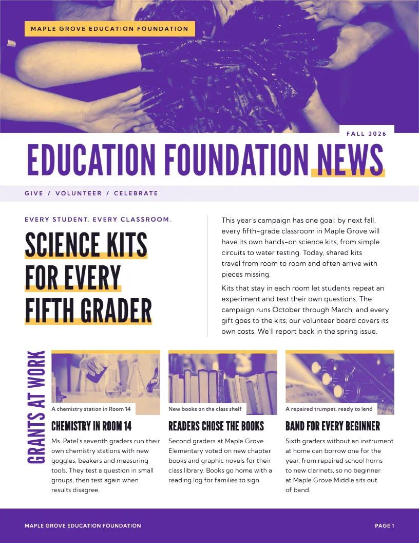 Education Foundation News newsletter template, first page