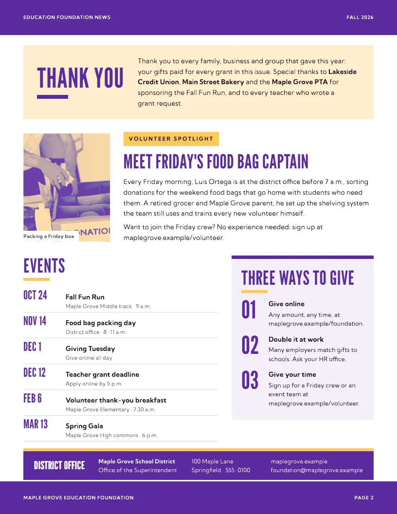Education Foundation News newsletter template, page 2