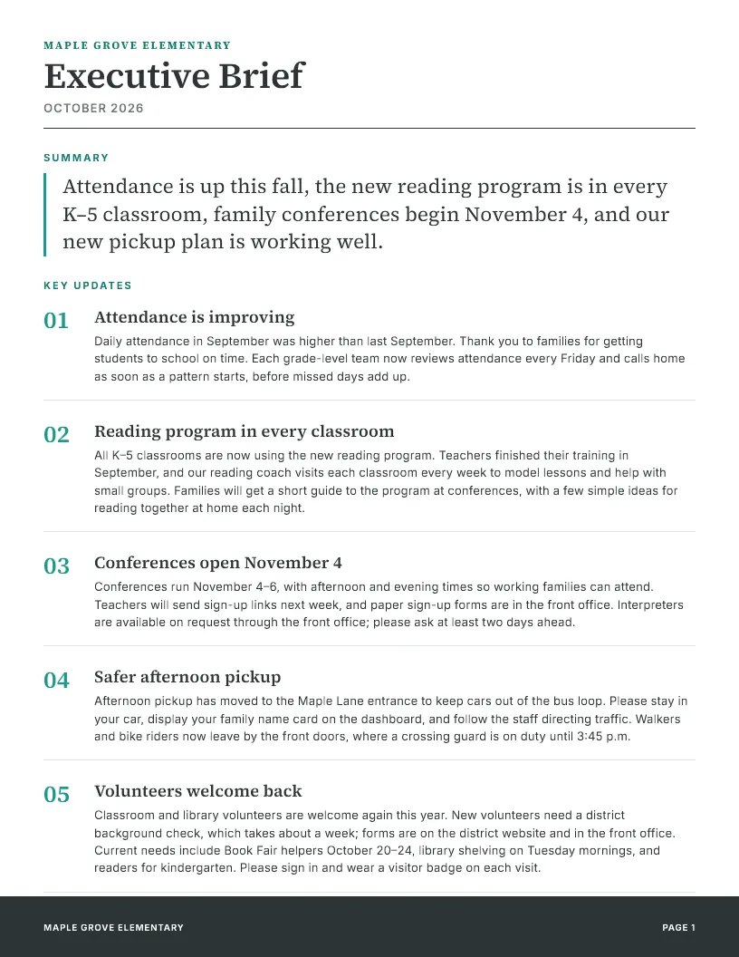 Executive Brief newsletter template, first page