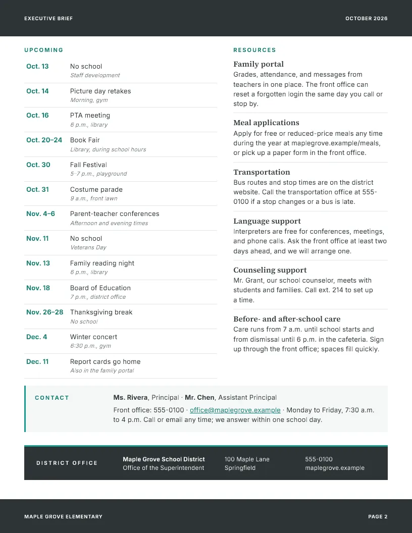 Executive Brief newsletter template, page 2