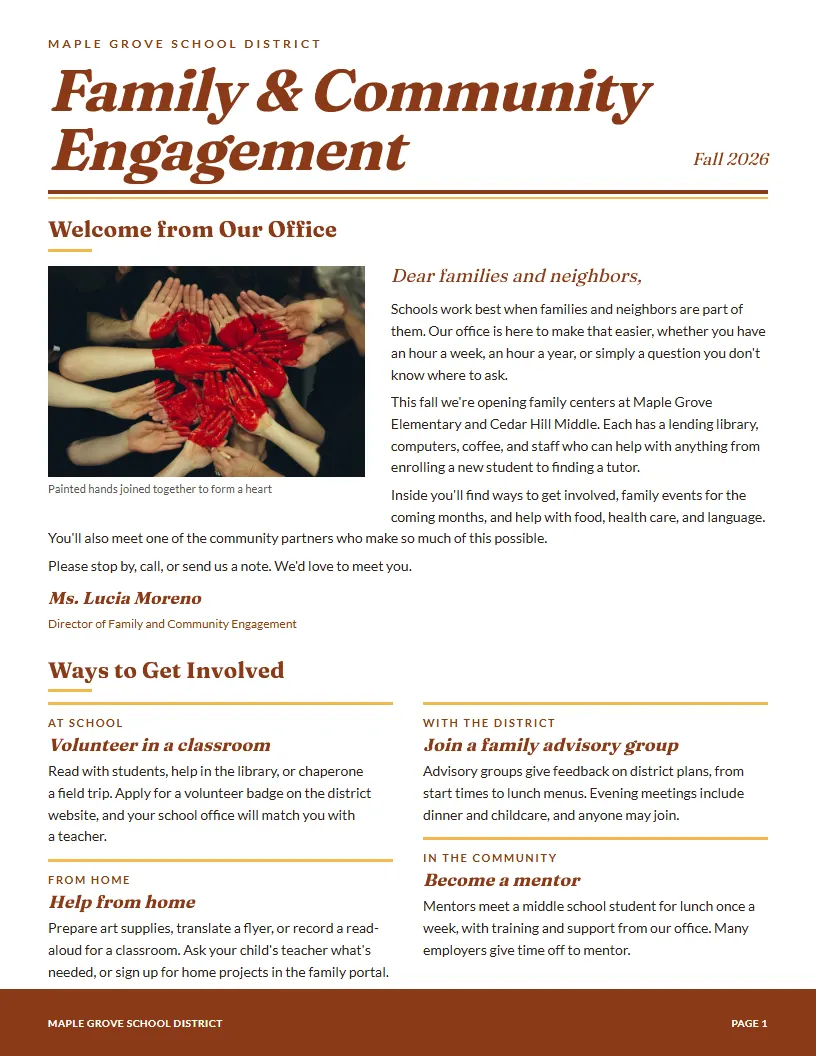 Family & Community Engagement newsletter template, first page